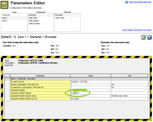 Parameters Editor with the Absolute Position Range setting circled.